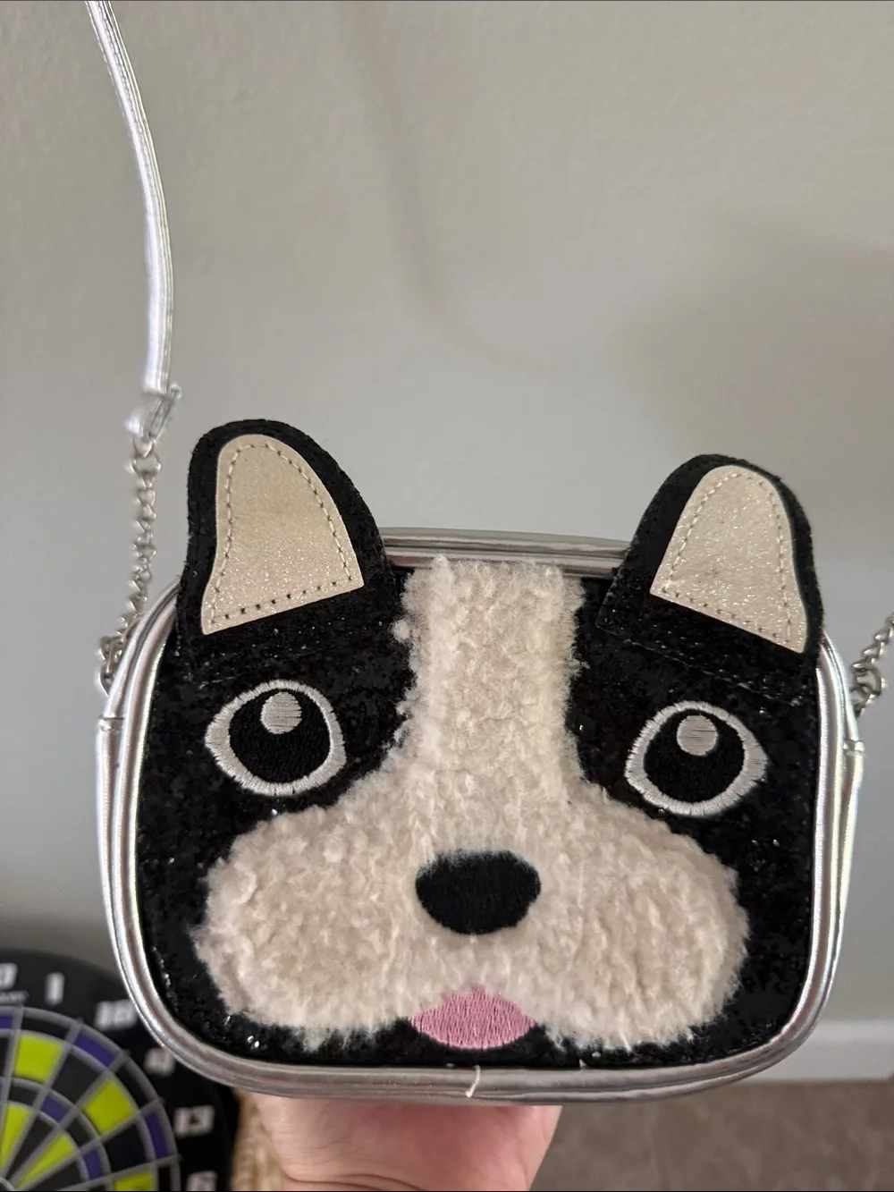 Young girls Black, Cream & Pink Plush Dog Face Crossbody Bag